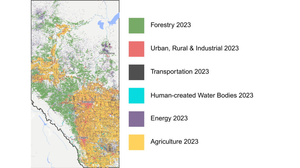 Map of Alberta with Human Footprint 2023 data overlaid. Human footprint includes Forestry, Urban, Rural & Industrial, Transportation, Human-created Water Bodies, Energy, and Agriculture. 