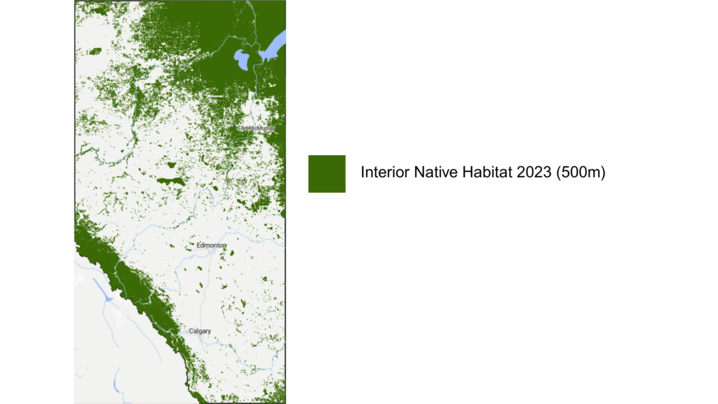 Map of Alberta with interior native habitat 2023 data overlaid.